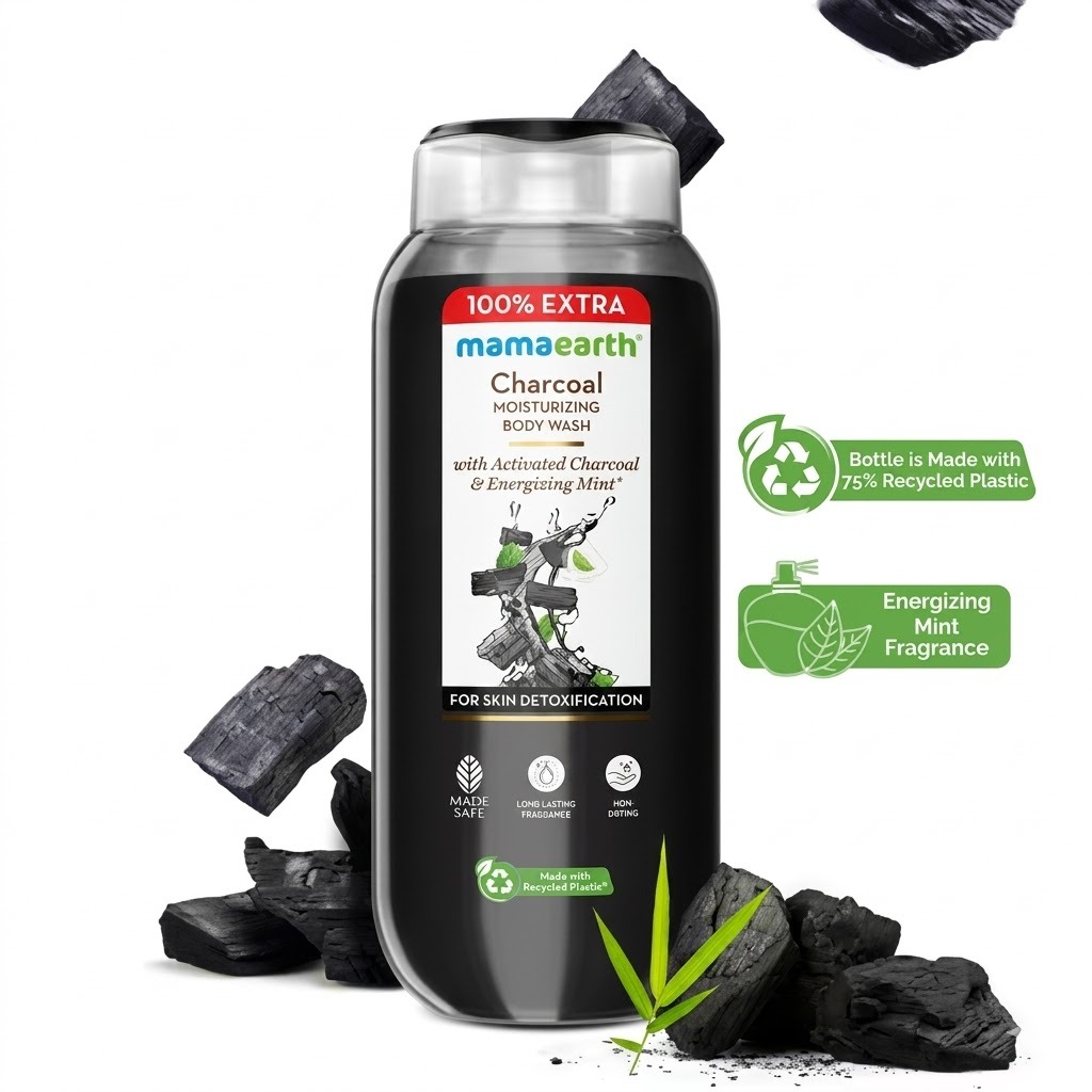 Charcoal Moisturizing Body Wash with Activated Charcoal & Energizing Mint for Skin Detoxification - 250 ml + 25 ml Extra